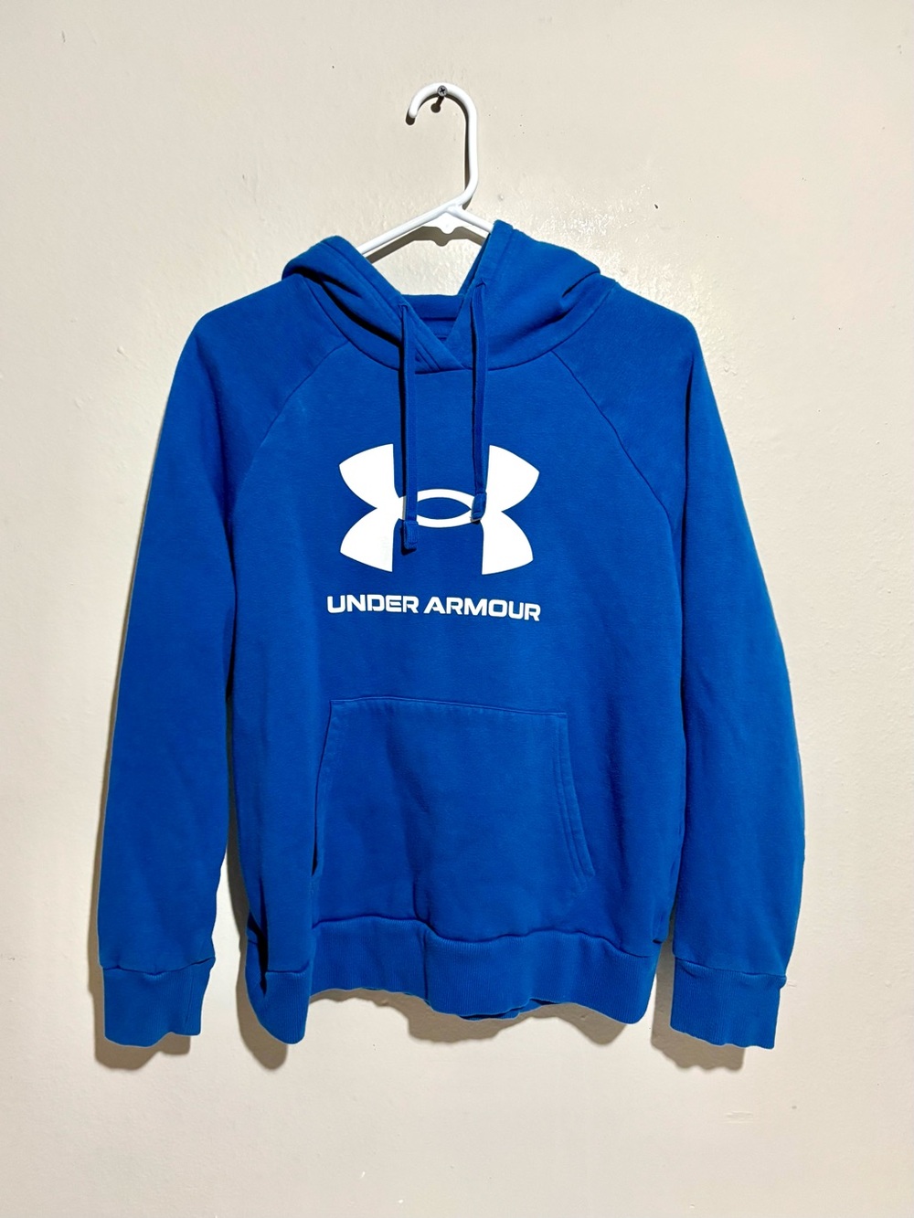 Under Armur Hoodie Medium Blue Fleece Sweatshirt Loose Drawstring Big Logo